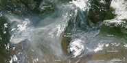 Smoke from forest fires blankets much of Russia during the 2010 heat wave that struck the country, killing 55,000 people. (Credit: NASA)