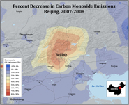 New research shows that levels of carbon monoxide dropped sharply in the Beijing area between 2007 and 2008, due to traffic restrictions imposed because of the 2008 Summer Olympics. This change in emissions, determined from a computer model along with satellite measurements of carbon monoxide, enabled scientists to infer that carbon dioxide emissions also dropped dramatically, an indication of the effect that reduced traffic can have on the greenhouse gas. (Image by Lex Ivey, copyright UCAR.)