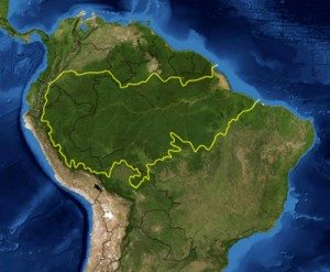 Map of the Amazon rainforest. Yellow line approximately encloses the Amazon River drainage basin. National boundaries shown in black.  Credit: NASA.