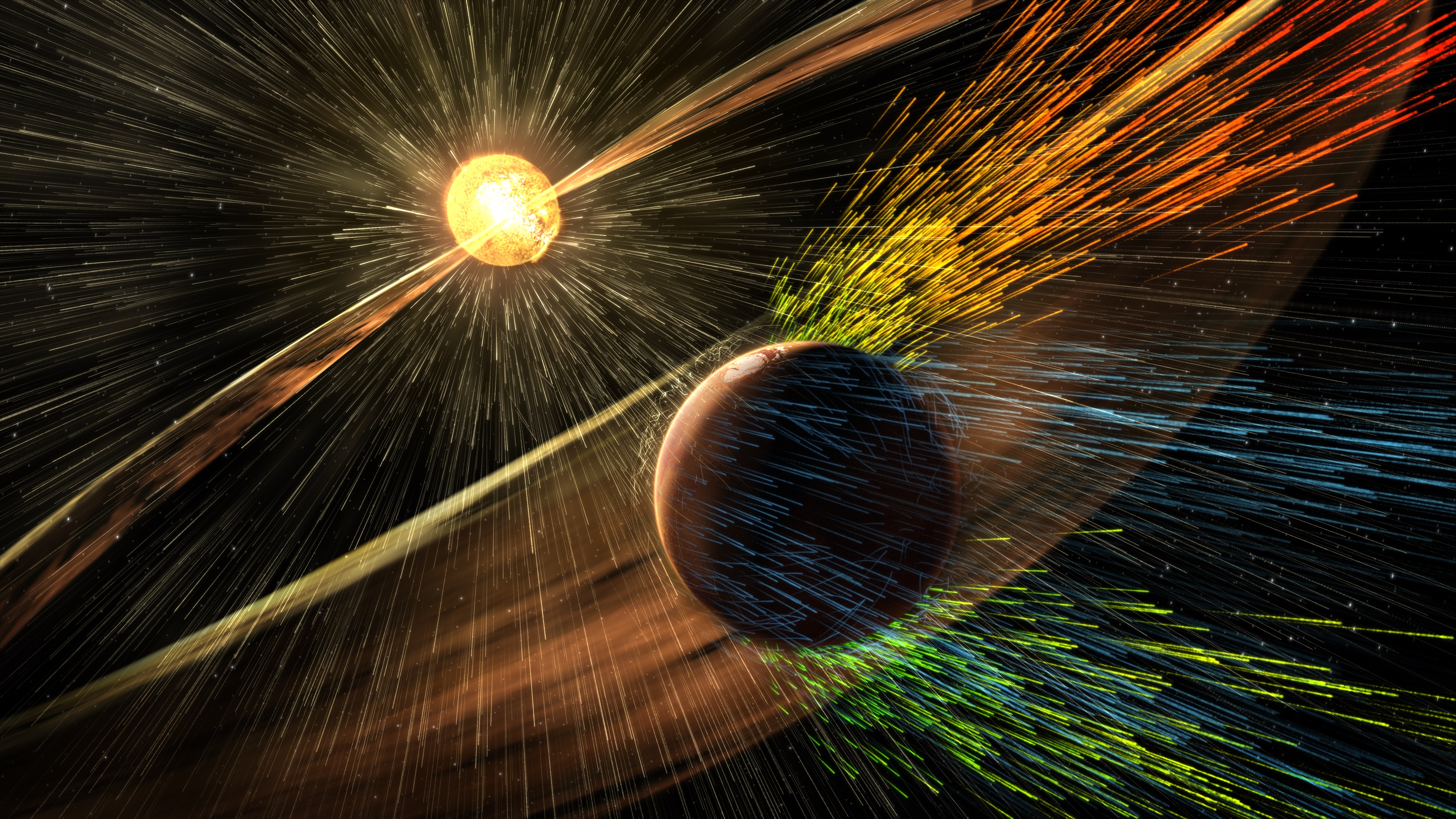 Artist’s rendition of a solar storm hitting Mars and stripping ions from the upper atmosphere. Credit: NASA/GSFC