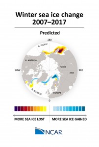 For the decade of 2007 2017, the research team predicts that there may be some growth of winter sea ice in the Arctic Ocean, particularly on the Atlantic side, where scientists have the most confidence in the model's ability. The image also shows possible sea ice loss in the North Pacific. Credit: ©UCAR This image is freely available for media & nonprofit use.