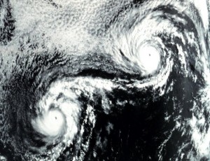  Hurricanes Ione (left) and Kirsten (right.) The rare effect of two interacting hurricanes is termed the Fujiwhara effect. Credit: NOAA (NOAA Photo Library) [Public domain], via Wikimedia Commons