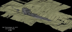 A 3D laser scan of the stern section of the German U-boat, U-166, that sunk in the Gulf of Mexico during World War II. The scan shows the U-boat’s conning tower and the build-up of sediments around the hull. Scientists will use this data to document changes at the shipwreck sites, including areas of hull collapse or weakening, and other site-formation processes. Credit: BOEM/C&C Technologies, Inc. 
