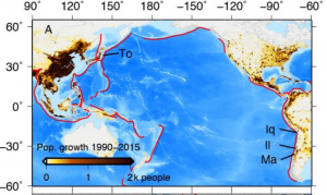 The red lines indicate subduction zones. The four earthquakes analyzed in this study are labeled as follows: the 2010 Maule, Chile (Ma), 2011 Tohoku-oki, Japan (To), 2014 Iquique, Chile (Iq) and 2015 Illapel, Chile (Il) Population density in tsunami-prone areas has steadily increased over the last 25 years - making it more difficult to quickly evacuate these communities