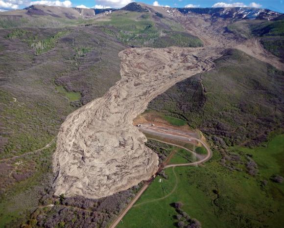 This May 2014 landslide in Mesa County, Colorado was more than 3 miles long, a half-mile wide and as deep as 250 feet. New research helps explain how these large slides are able to run out so far.<br /> <em>Credit: Jon White/Colorado Geological Survey.</em>