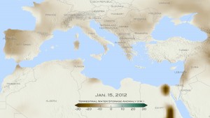 For January 2012, brown shades show the decrease in water storage from the 2002-2015 average in the Mediterranean region. Units in centimeters. The data is from the Gravity Recovery and Climate Experiment, or GRACE, satellites, a joint mission of NASA and the German space agency. Credit: NASA/ Goddard Scientific Visualization Studio 