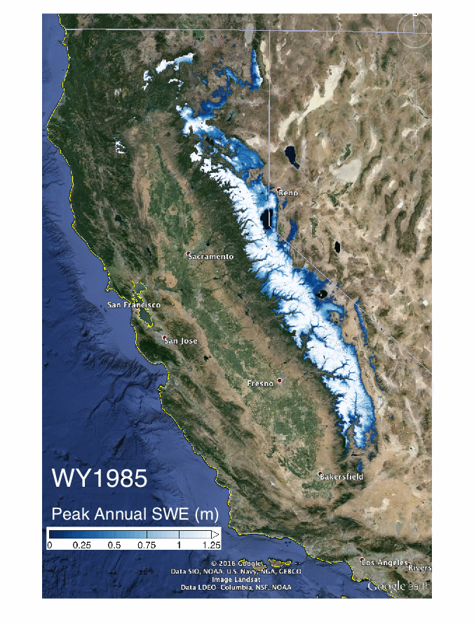 This animation shows the change in snow water equivalent in the Sierra Nevada mountains from 1985-2015. Credit: Steve Margulis/UCLA.