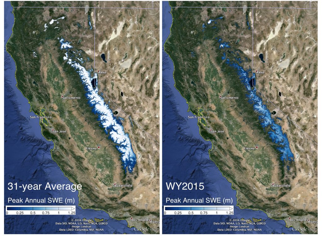 The image on the left shows the 31-year average snow water equivalent in the Sierra Nevada mountains compared with the snow water equivalent in 2015. New research shows even with this winter’s strong El Niño, the Sierra Nevada snowpack will likely take until 2019 to return to pre-drought levels. Credit: Steve Margulis/UCLA. 