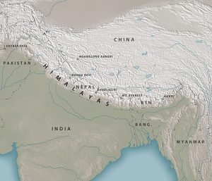 A Map of the Himalayan arc. The country of Bhutan is abbreviated BTN. A new study shows that Bhutan has experienced a major earthquake in the past 500 years, meaning the entire Himalayan arc is capable of producing large earthquakes. Credit: Mapbliss (Own work), CC BY-SA 4.0 via Wikimedia Commons. 