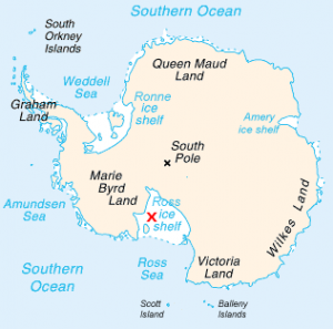 A map of Antarctica with a marker designating the location of the Ross Ice Shelf. Credit: Jeandré, Public Domain