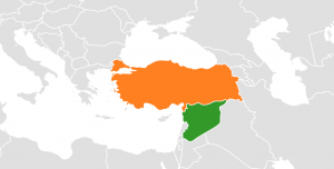 A map showing the border between Syria and Turkey. More than 2.5 million refugees have fled Syria for Turkey since 2011. Credit: AteshCommons: Own work, CC BY-SA 3.0, https://commons.wikimedia.org/w/index.php?curid=10680804. 