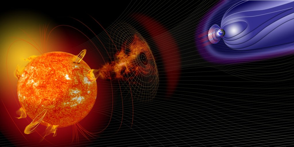Artist illustration of events on the sun changing the conditions in Near-Earth space. A new study finds daily U.S. economic cost from solar storm-induced electricity blackouts could be in the tens of billions of dollars. Credit: NASA. 