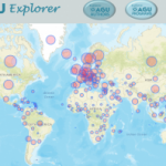 A screenshot of the AGU Explorer app showing a map of the world.