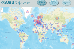 A screenshot of the AGU Explorer app showing a map of the world.