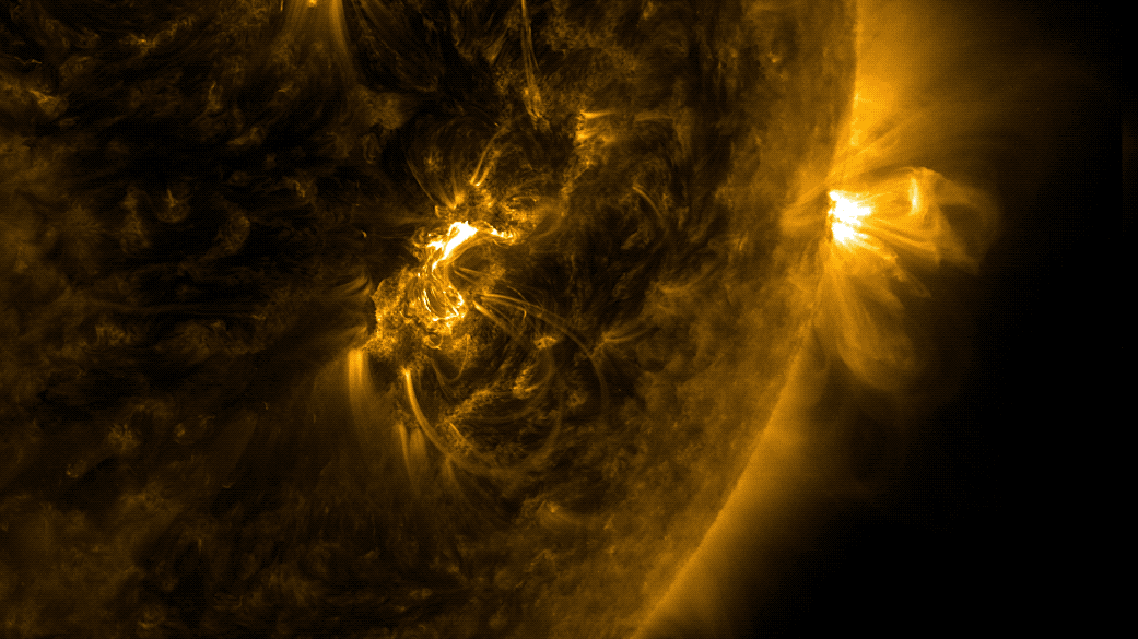 The Sun erupted in class X-9.3 and x-2.2 flares on September 6, 2017, visible to NASA's Solar Dynamics Observatory in extreme ultraviolet (171 angstrom wavelength) light. Credit: NASA/GSFC/SDO