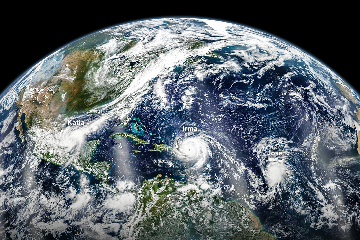 Hurricanes Katia, Irma and Jose lined up in the Atlantic on September 6, 2017 in an image captured by the Suomi NPP weather satellite. Credit: NASA
