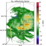 A radar station at Kerava, Finland, records a trail of heightened precipitation—the yellow streak to the left—on the aircraft approach path to Helsinki-Vantaa airport (EFHK). Credit: AGU/Journal of Geophysical Research: Atmospheres