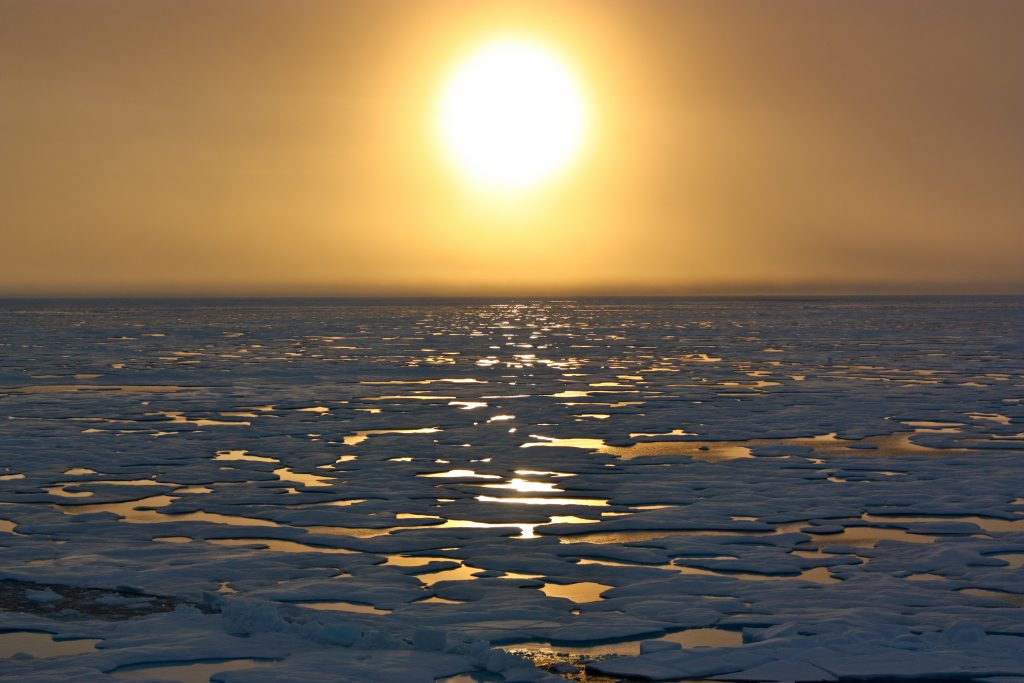 Sunset teased the Arctic horizon as scientists on board the U.S. Coast Guard Cutter Healy headed south in the Chukchi Sea during the final days collecting ocean data for the 2011 ICESCAPE mission. Credit: NASA/Kathryn Hansen