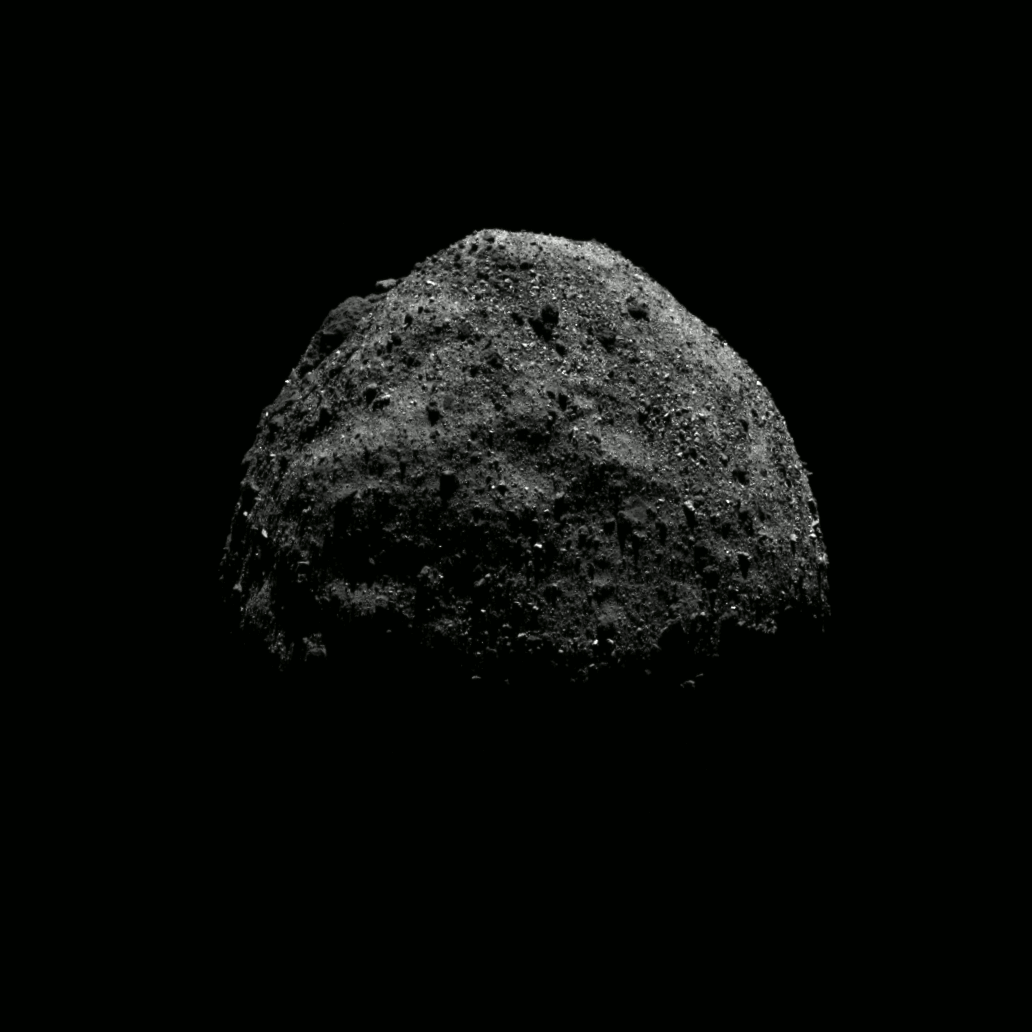 This series of MapCam images was taken over the course of about four hours and 19 minutes on Dec. 4, 2018, as OSIRIS-REx made its first pass over Bennu’s north pole. The images were captured as the spacecraft was inbound toward Bennu, shortly before its closest approach of the asteroid’s pole. As the asteroid rotates and grows larger in the field of view, the range to the center of Bennu shrinks from about 7.1 to 5.8 miles (11.4 to 9.3 km). This first pass was one of five flyovers of Bennu’s poles and equator that OSIRIS-REx conducted during its Preliminary Survey of the asteroid. Credit: NASA/Goddard/University of Arizona