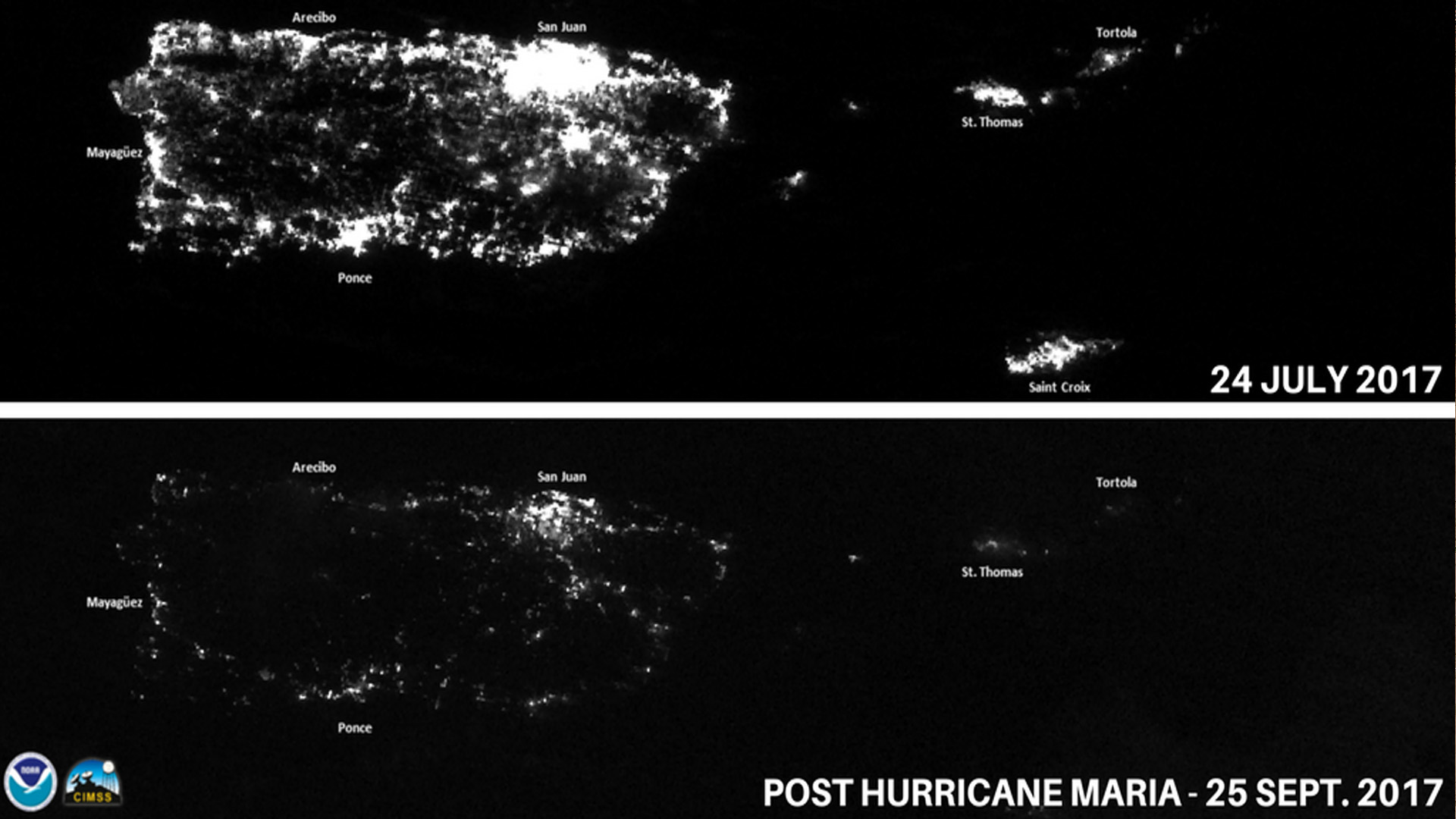 Comparação de luzes à noite em Porto Rico antes (em cima) e depois (abaixo) do furacão Maria. Crédito: NOAA.