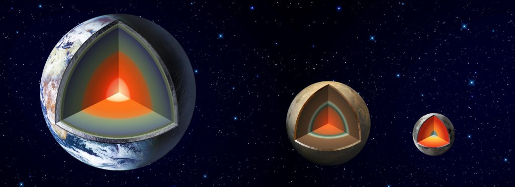 An artist's concept of the interiors of Earth, Mars and Earth's moon. New research shows Mercury has a solid inner core like Earth does. Credit: NASA/JPL-Caltech. 