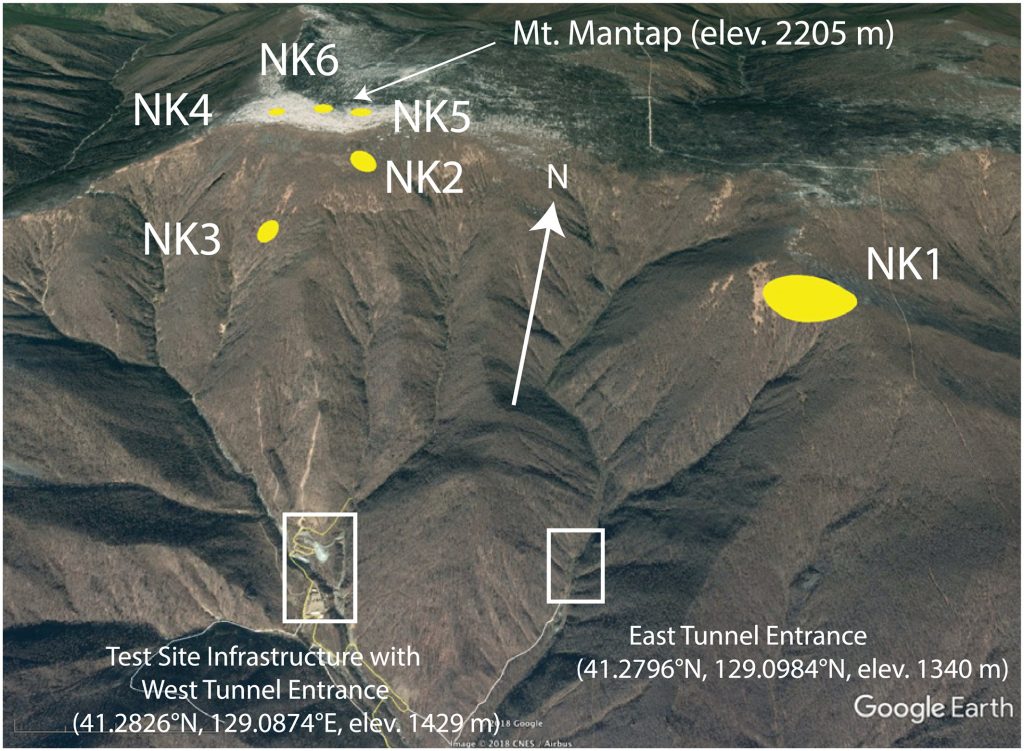 Google Earth image of the Democratic People's Republic of Korea test site looking down from south‐southeast of Mount Mantap. Numbers mark the estimated locations of the six nuclear tests conducted from 2006 to 2017. From figure 1 of the new paper. Credit: Google Earth/AGU
