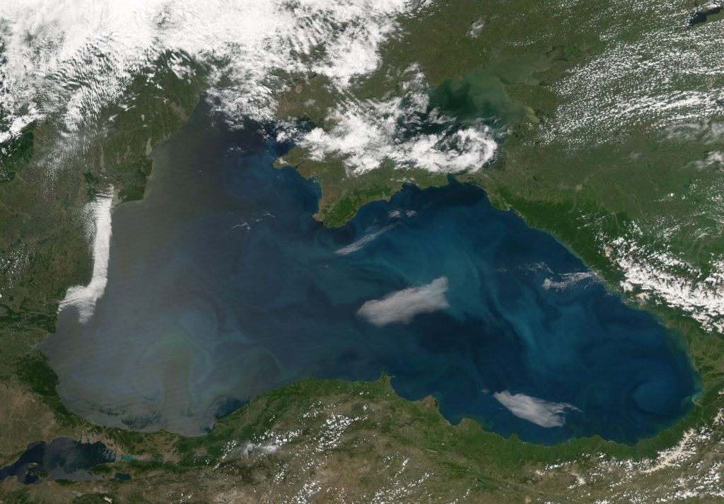 The Black Sea is bordered by six countries and receives water from many major European rivers. Credit: NASA image created by Jesse Allen, Earth Observatory, using data obtained from the Goddard Earth Sciences DAAC. 