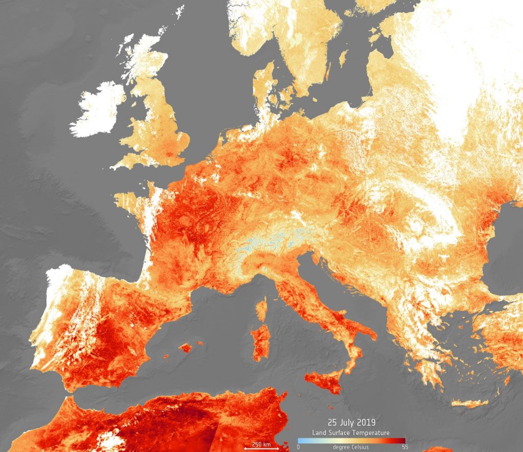 A satellite image of the heat energy emitted from Europe during 25 July 2019 shows this summer’s highest extremes. Credit: European Space Agency. 