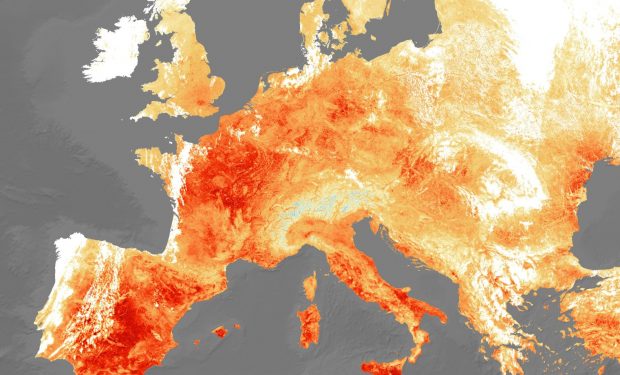 A satellite image of the heat energy emitted from Europe during 25 July 2019 shows this summer’s highest extremes. Credit: European Space Agency.