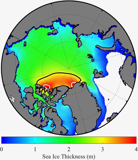 Annual mean sea ice thickness (m) over the Arctic Ocean from 1979 – 2018. The black line surrounds the area where the ice thickness exceeds 3 m and can be considered as the region known as the Last Ice Area. The white lines surround the two areas where the ice thickness exceeds 4m. Credit: Kent Moore/University of Toronto. 