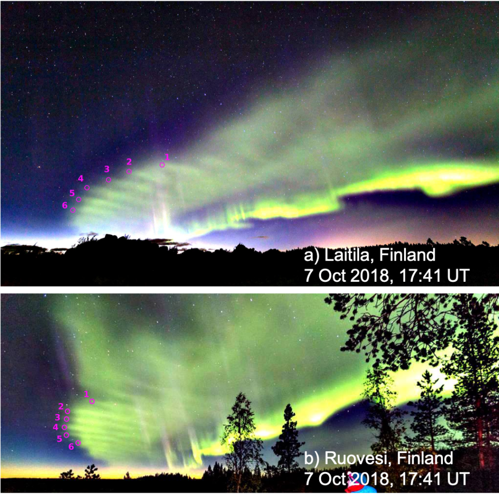 Auroral dunes photographed on Oct 7, 2018 near Laitila, Finland (top) and Ruovesi, Finland (bottom). The two photographs were taken simultaneously. The dunes, marked by magenta circles and numbers, extend equatorward from the discrete bright arc in the north. Credit: AGU Advances/Palmroth et al. 