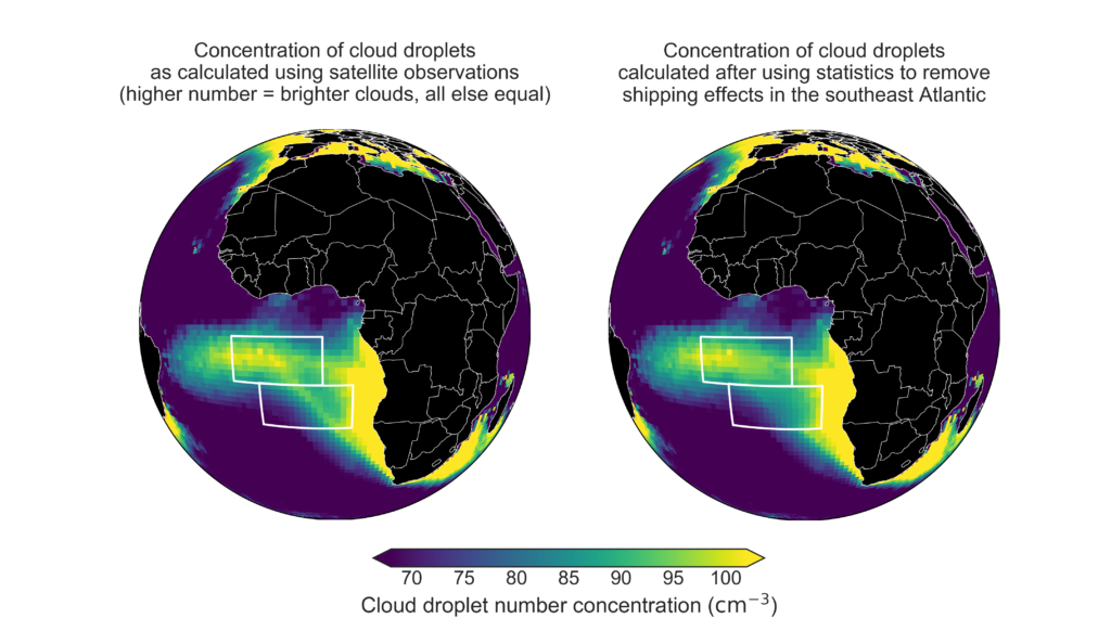 (Left) Cloud droplet concentrations from 2003 to 2015 averaged over the months of September, October and November, as observed by NASA satellites. (Right) The expected concentration of cloud droplets without emissions along the shipping route (yellow line) calculated by the new study. The difference helps explain how much industrial pollution influences clouds. Credit: Michael Diamond/University of Washington