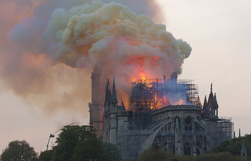 Notre Dame cathedral burns on 15 April 2019. Credit: GodefroyParis, Wikimedia Commons