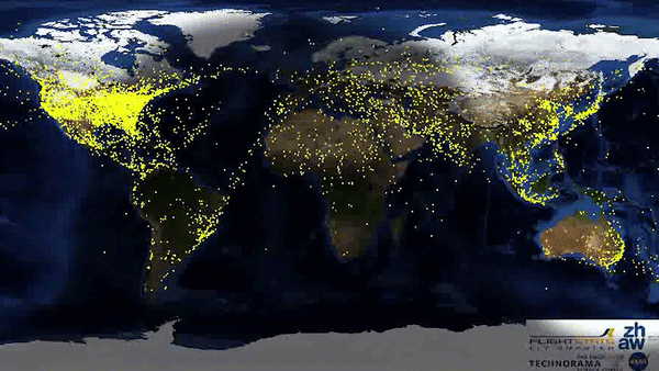 This animation, created in 2008 by the Zurich University of Applied Sciences, shows global air traffic over the course of a day. Credit: ZHAW School of Engineering. 