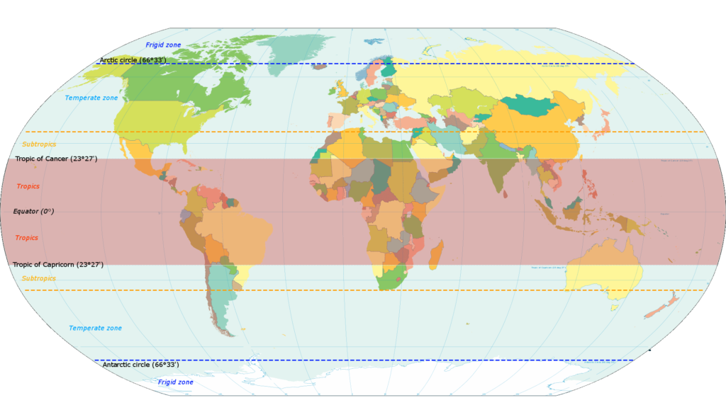 A map showing the traditional location of Earth’s tropical regions. New research finds the tropics are expanding poleward thanks to human-caused changes to the ocean. Credit: KVDP / CC BY-SA, https://creativecommons.org/licenses/by-sa/3.0. 