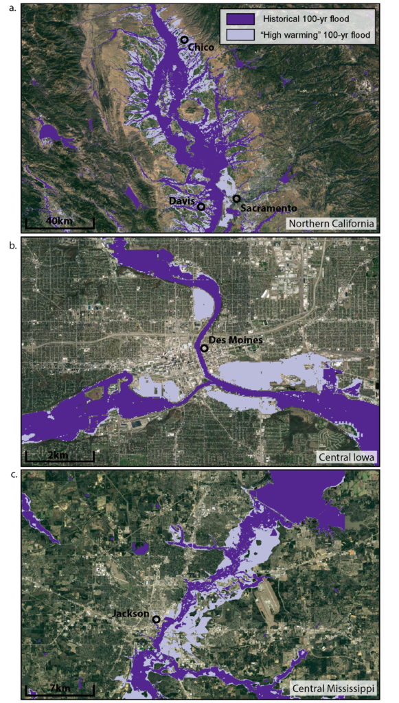 These images show the projected change in 100-year flood inundation areas in the Sacramento Valley in Northern California (top), the confluence of the Des Moines and Raccoon Rivers in Central Iowa (middle) and the Pearl River near Jackson, Mississippi (bottom). The dark purple areas indicate the historical flood inundation areas during a 100-year flood, and the light purple areas show what areas would flood under a high-warming scenario. Credit: Swain et al. 2020/Earth’s Future/AGU. 