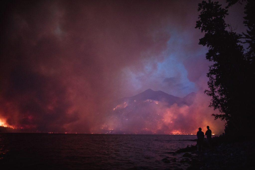 A view of the Howe Ridge Fire in Montana’s Glacier National Park, seen from across Lake McDonald on the night of August 12, 2018, roughly 24 hours after the fire was started by a lightning strike. A new study finds western U.S. forests have seen an 8-fold increase in the amount of area burned by severe fires since 1985, a trend that could make it harder for forests to regenerate. Credit: Glacier National Park. 