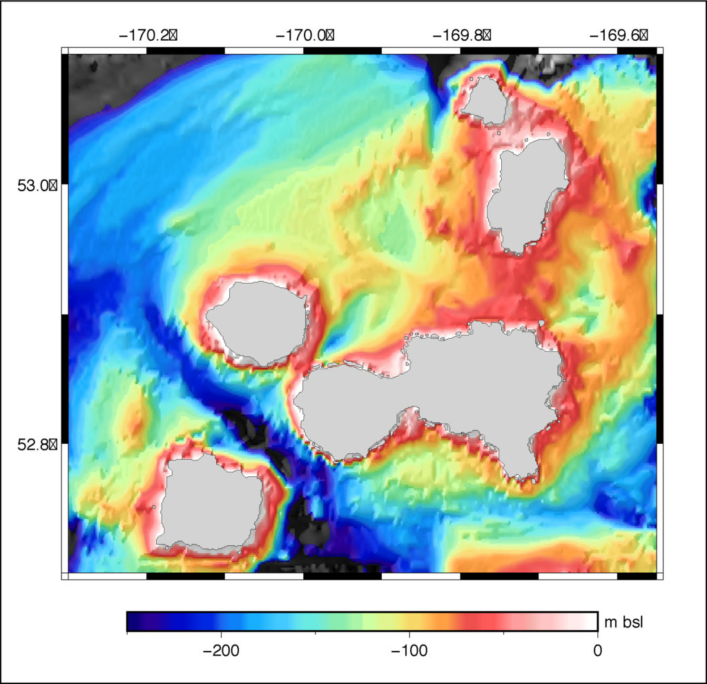 The bathymetry for the Islands of Four Mountains area, based on depth soundings collected in the mid-20th century. Credit: Hélène Le Mével. 