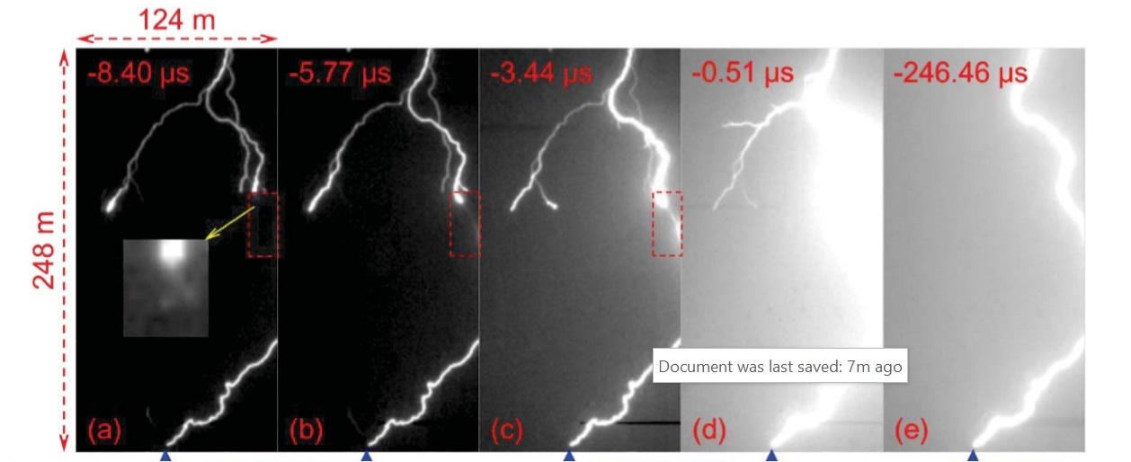 The image series shows the moment of connection between a negatively charged lightning leader reaching down from a cloud and positively charged leader reaching up from the ground.
