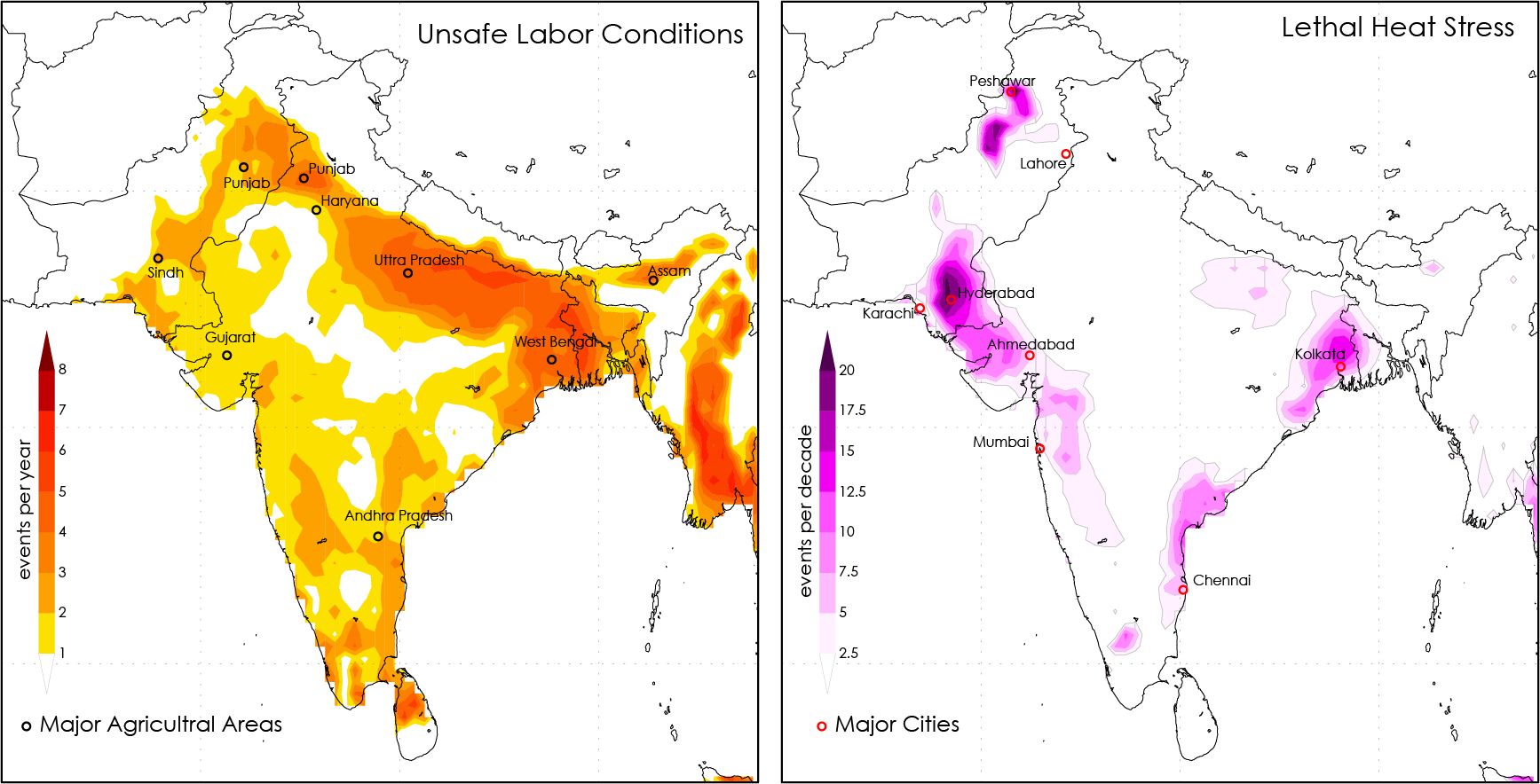 side by side maps of India comparing unsafe labor conditions and heat stress