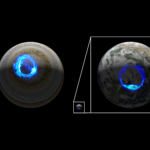 Artistic views of ultraviolet polar auroras on Jupiter (left) and Earth (right, scaled up tenfold), show the similarities between the two kinds of aurora.