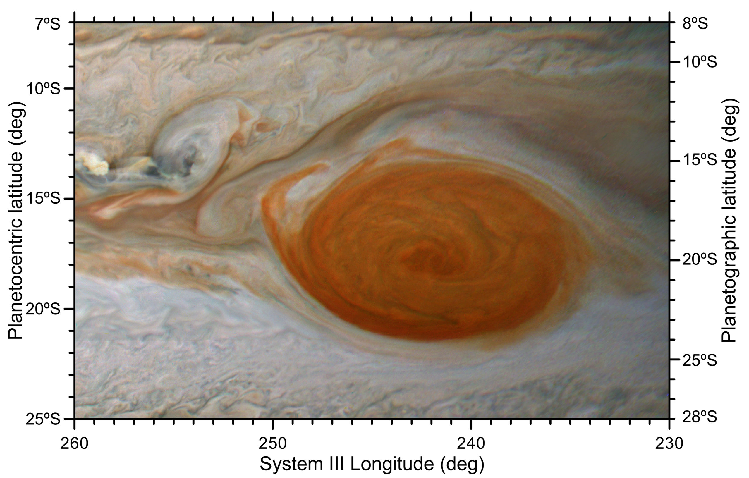 A photograph from the Juno spacecraft shows a piece of Jupiter's Great Red Spot peeling away as it encounters another storm.