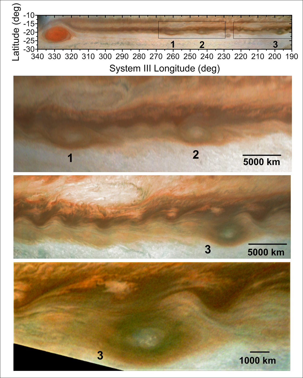 Photos of Jupiter's anticyclone storms from 2019 at different magnification.
