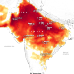 Map of India with a gradient of temperatures from 2019 heat wave
