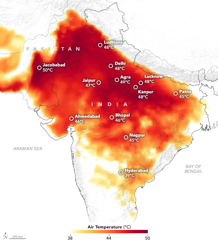 Map of India with a gradient of temperatures from 2019 heat wave 