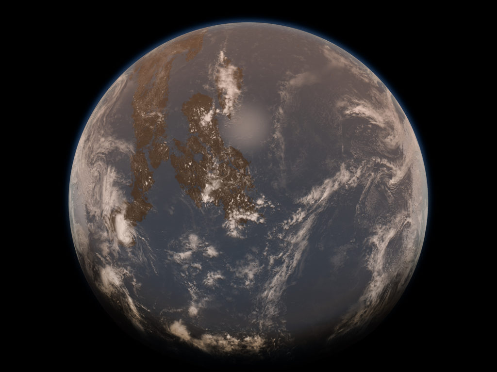 An artist’s rendering of Earth during the Archean eon, with a hazy atmosphere, few landmasses and a global ocean.