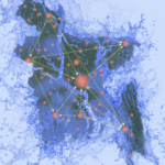 Stylized graphic of Bangladesh, outlined in a water splash, with interconnected nodes depicting flow of population in response to sea level rise.