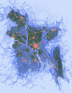 Stylized graphic of Bangladesh, outlined in a water splash, with interconnected nodes depicting flow of population in response to sea level rise.