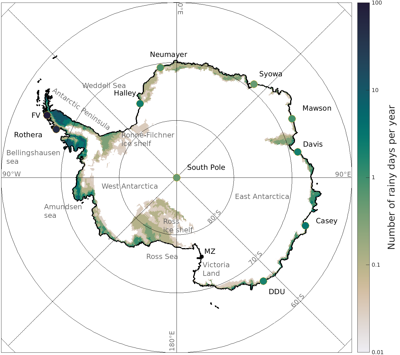 map of Antarctica with the mean annual rainy days from 1979-2017 depicted as color intensity.