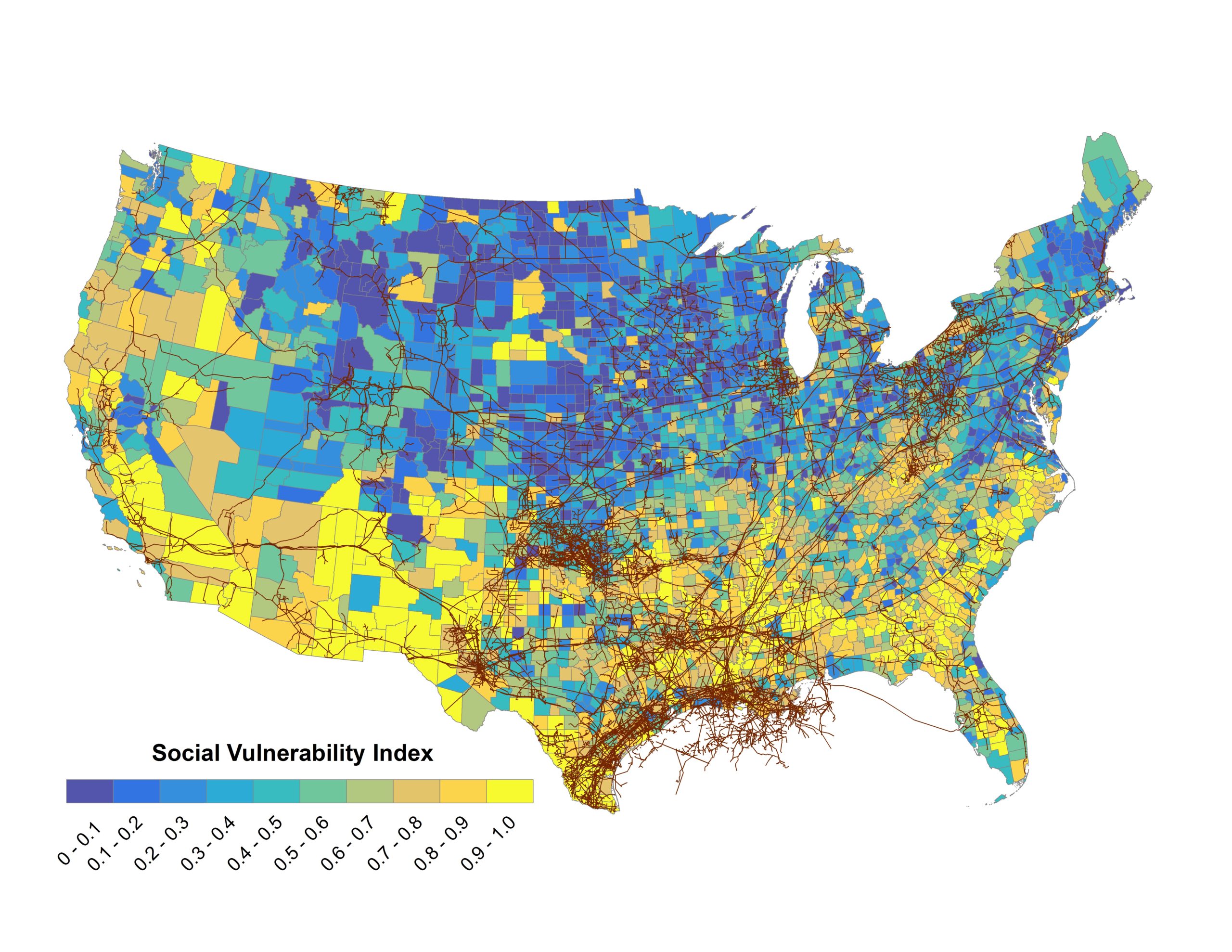 Map of conterminous United States shows pipelines in maroon and social vulnerability index on the county level in gradient colors from blue (low) to yellow (high). 